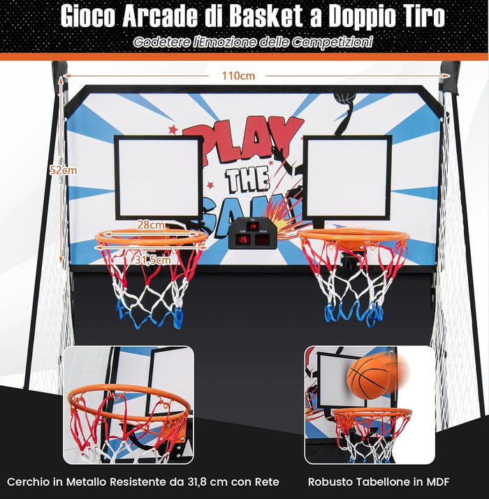 Macchina da Pallacanestro Elettronica, Canestro Basket da Camera a Doppio Tiro Pieghevole con Punteggio Elettronico, 4 Palle, 8 Modalità di Gioco e 2 Canestri (Bianco)