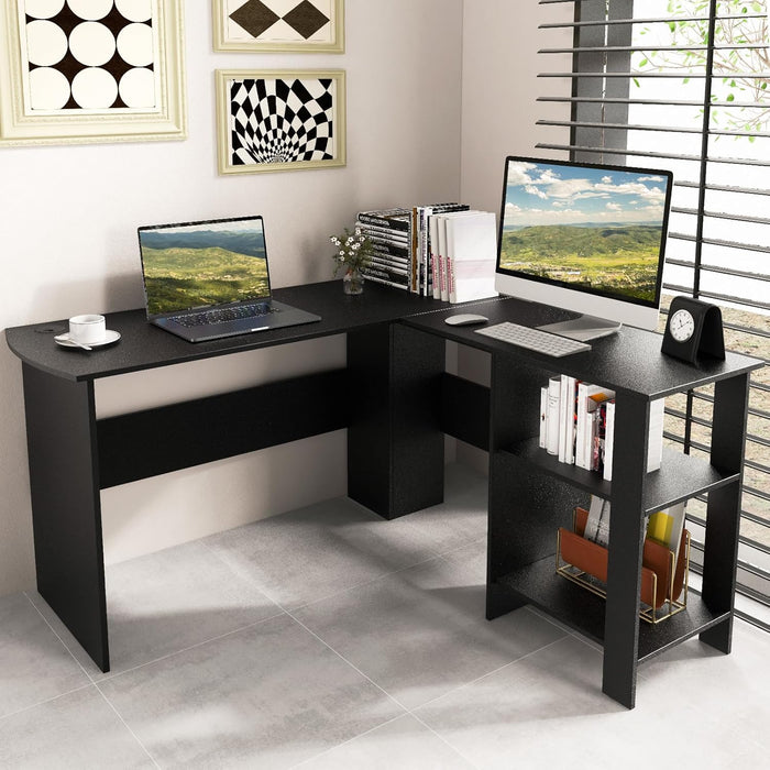 Scrivania Angolare per Computer con Ripiani, Scrivania Porta PC in Legno, Scrivania Salvaspazio e Moderna per Ufficio e Studio, 130 x 130 x 72,5 cm, Nero (Nero)