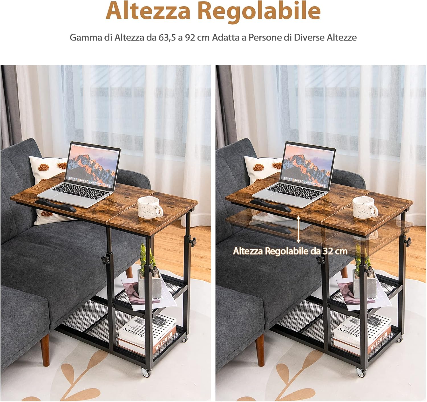 COSTWAY Tavolino Porta PC Regolabile in Altezza e Inclinazione, Tavolo Laterale per Letto e Divano con Ruote, Tavolino in Legno e Metallo per Salotto e Camera da letto, 80 x 40 x 64-95 cm (marrone)
