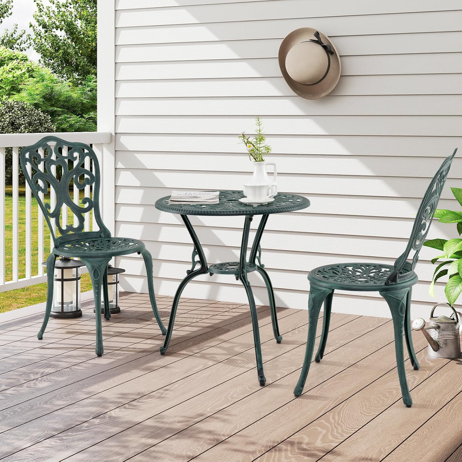 Set da Bistro da Patio a 3 Pezzi, Sedie e Tavolo in Alluminio con Foro per Ombrello, Set da Bistro da Esterno per Veranda, Giardino e Piscina (Verde)