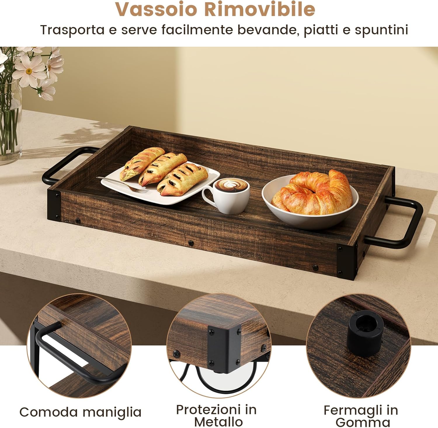 Carrello da Cucina a 3 Ripiani, Carello in Legno con 4 Ruote Universali a Freno e Vasoio Rimovibile, Carrello con Supporti per Bicchieri e Bottiglie di Vino, 84 x 40 x 90 cm, Marrone Rustico