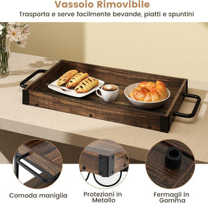 Carrello da Cucina a 3 Ripiani, Carello in Legno con 4 Ruote Universali a Freno e Vasoio Rimovibile, Carrello con Supporti per Bicchieri e Bottiglie di Vino, 84 x 40 x 90 cm, Marrone Rustico