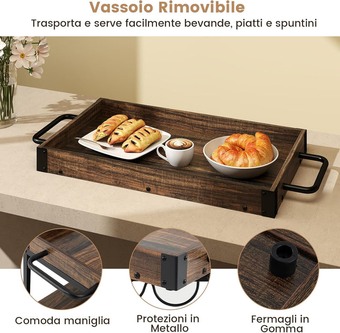Carrello da Cucina a 3 Ripiani, Carello in Legno con 4 Ruote Universali a Freno e Vasoio Rimovibile, Carrello con Supporti per Bicchieri e Bottiglie di Vino, 84 x 40 x 90 cm, Marrone Rustico