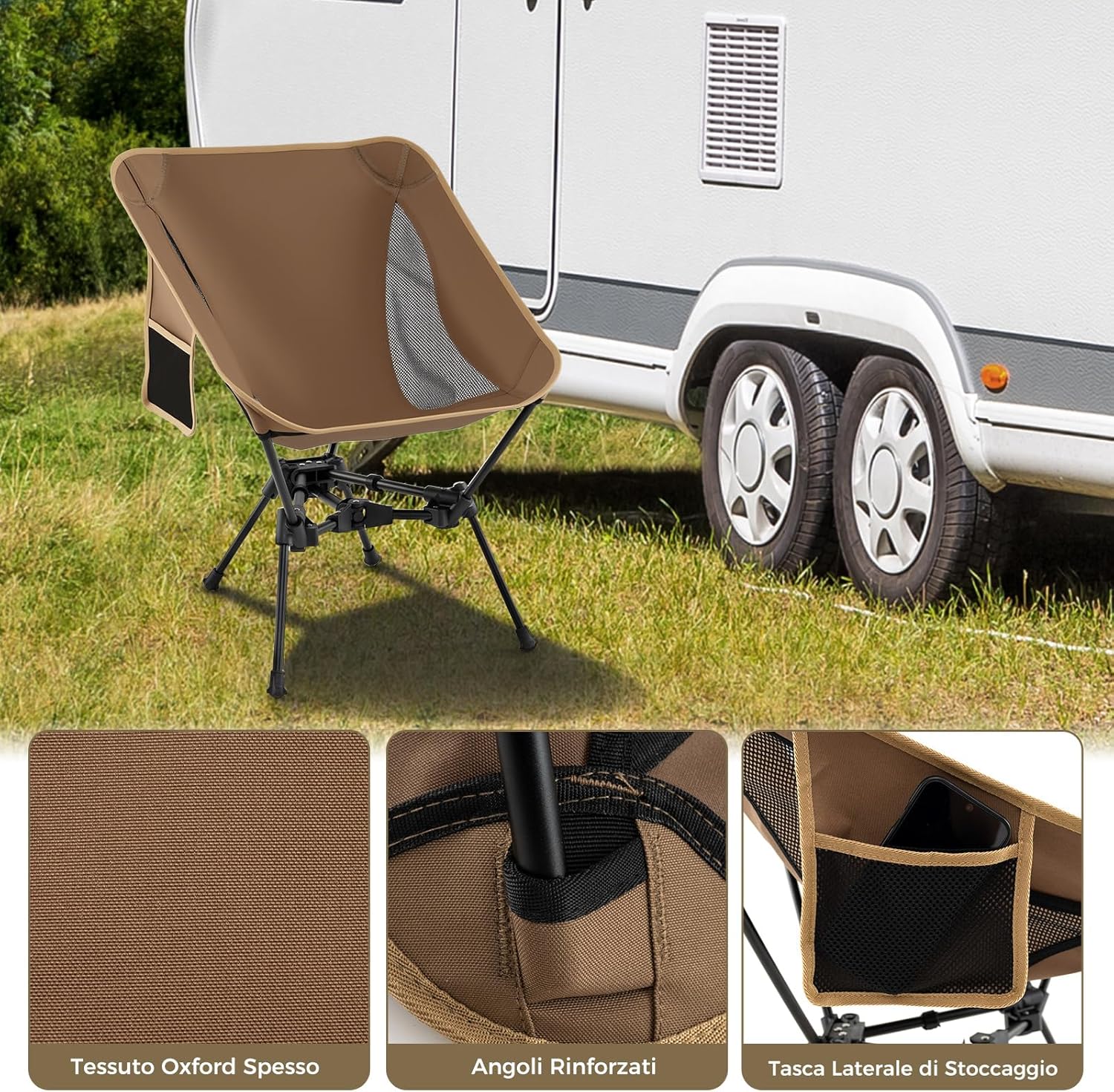 Sedia da Campeggio Portatile, Sedia Ergonomica Pieghevole da Zaino con Borsa da Trasporto, Poltrona da Esterno per Escursionismo, Spiaggia e Picnic, Portata 150 kg