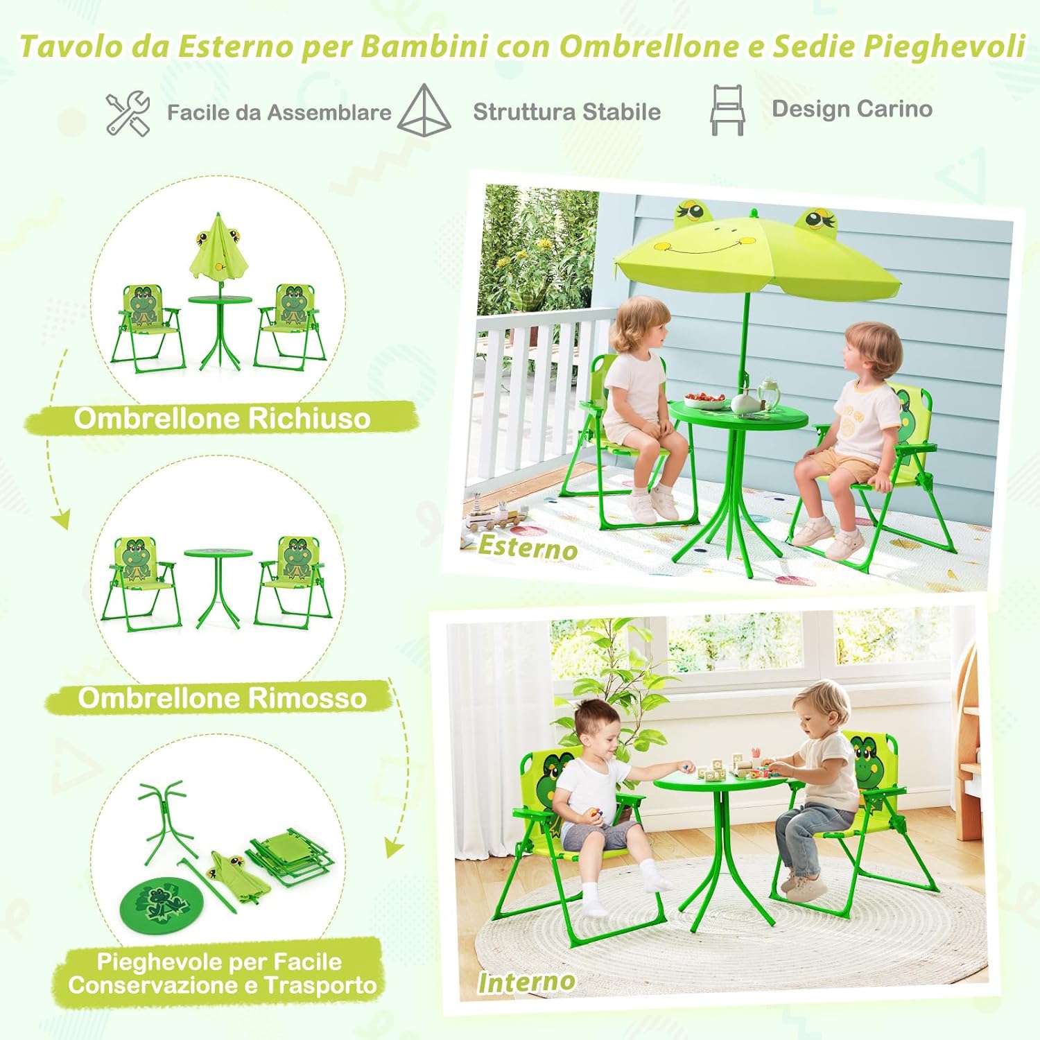 Set Tavolo da Giardino Bambini con 2 Sedie Pieghevoli, Tavolino da Esterno con Ombrellone in Poliestere Regolabile in Altezza, Set Mobili da Giardino per Bambini 3-6 Anni (Rana, Verde Chiaro)