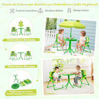 Set Tavolo da Giardino Bambini con 2 Sedie Pieghevoli, Tavolino da Esterno con Ombrellone in Poliestere Regolabile in Altezza, Set Mobili da Giardino per Bambini 3-6 Anni (Rana, Verde Chiaro)
