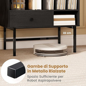 Armadio Camera da Letto 70 x 36 x 80 cm, Credenza Salvaspazia in Legno con Scomparti Aperti, Supporti per Album e Cassetto, Mobile Moderno per Sala Musica e Soggiorno (Nero)