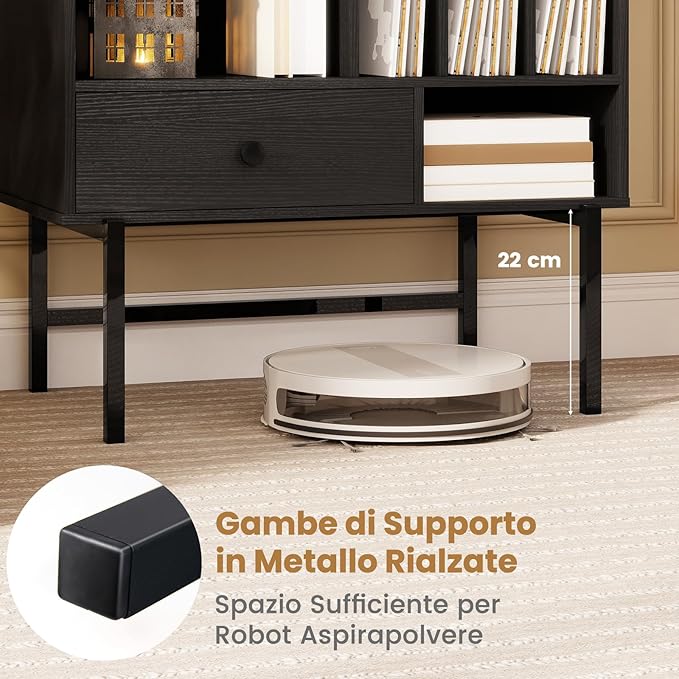 Armadio Camera da Letto 70 x 36 x 80 cm, Credenza Salvaspazia in Legno con Scomparti Aperti, Supporti per Album e Cassetto, Mobile Moderno per Sala Musica e Soggiorno (Nero)