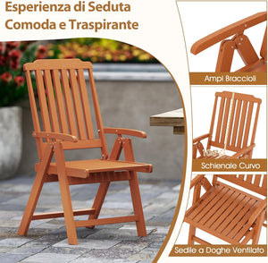 Sedia Esterno Pieghevole, Sedia Ergonomica in HDPE con Braccioli, Schienale Curvo e Seduta a Doghe, Poltrona Pranzo per Giardino Balcone Patio, Portata 150 kg (Marrone)