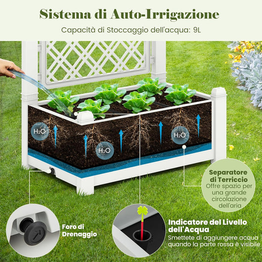 Fioriera con Traliccio a 3 Altezze, Letto Rialzato da Giardino Autoirrigante con Indicatore di Livello dell'Acqua, Divisori Rimovibili & Foro di Drenaggio per Piante Rampicanti (Bianco)