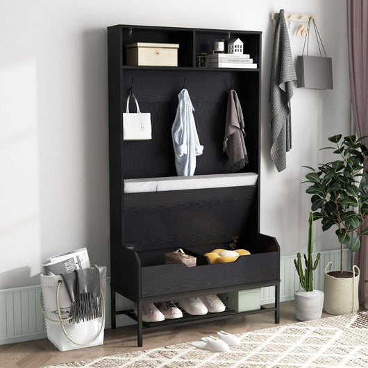 4 in 1 Appendiabiti da Ingresso, Armadio con Appendiabiti Multifunzionale, con Panca Cuscino e Ganci, Panchina per Ingresso, 90 x 38,5 x 170 cm (Nero)