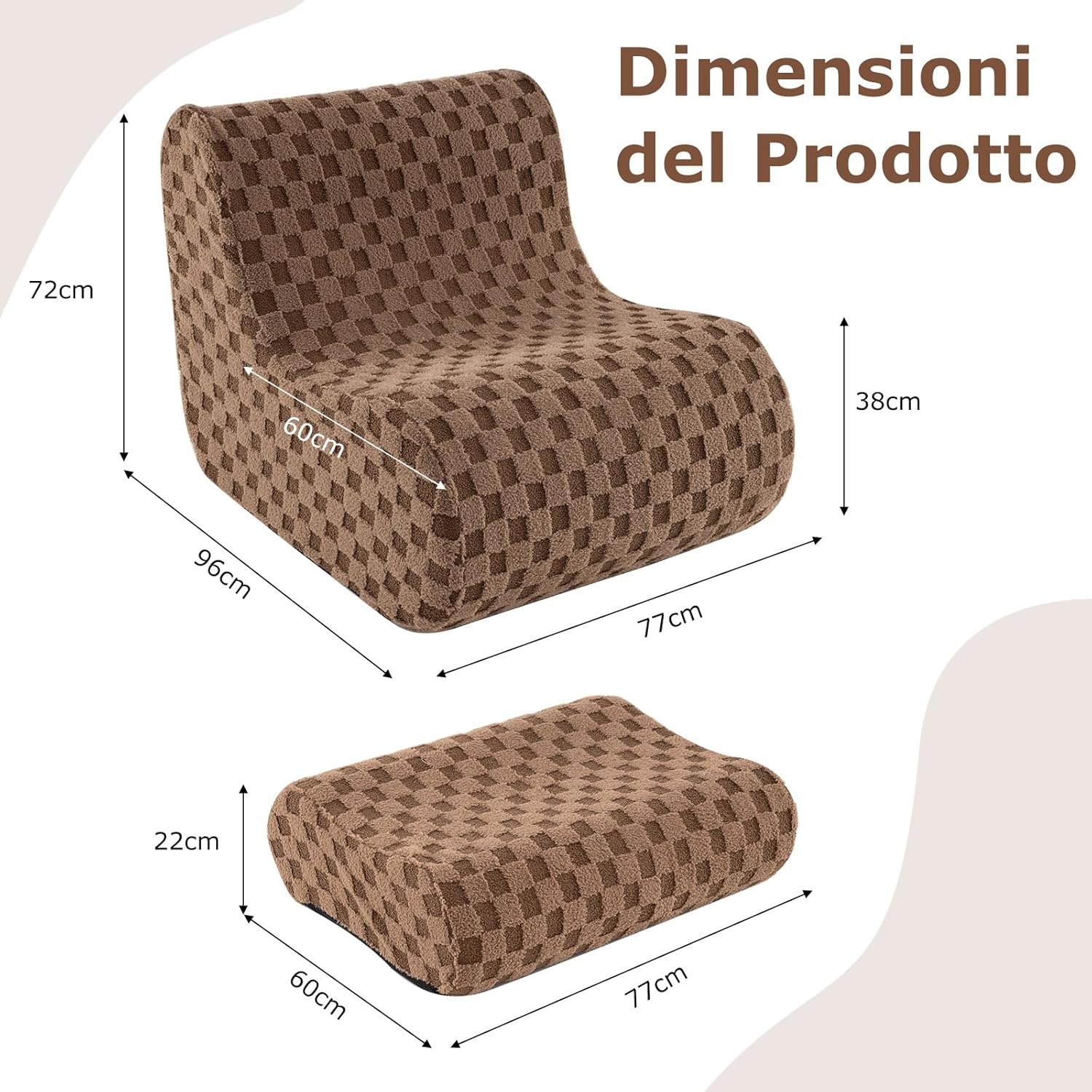 Sedia a Sacco con Pouf, Divano in Spugna ad Alta Elasticità, Fondo Antiscivolo e Copertura in Velluto Lavabile, Comoda Poltrona Pigra per Soggiorno Camera da Letto Sala Lettura (Marrone)