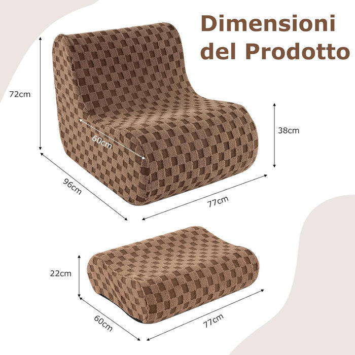 Sedia a Sacco con Pouf, Divano in Spugna ad Alta Elasticità, Fondo Antiscivolo e Copertura in Velluto Lavabile, Comoda Poltrona Pigra per Soggiorno Camera da Letto Sala Lettura (Marrone)