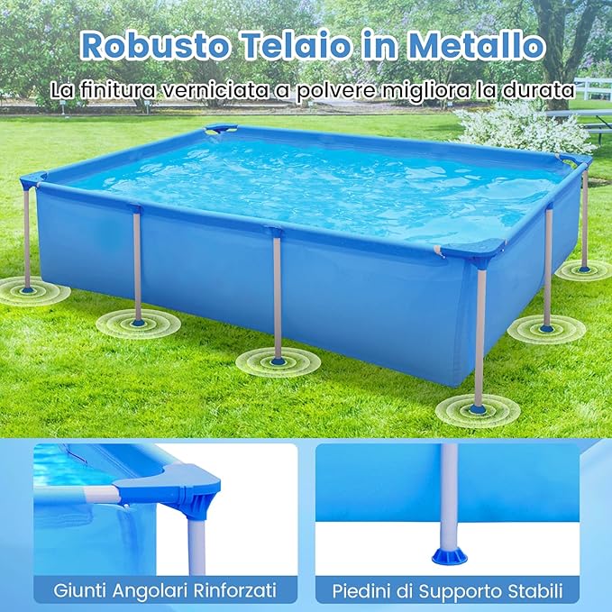 Piscina Fuori Terra, Piscina Rettangolare Grande con Pompa Filtro, Cartuccia e Struttura in Metallo, per Esterni per Bambini e Adulti, Capacità 2612 L, 258 x 179 x 66 cm