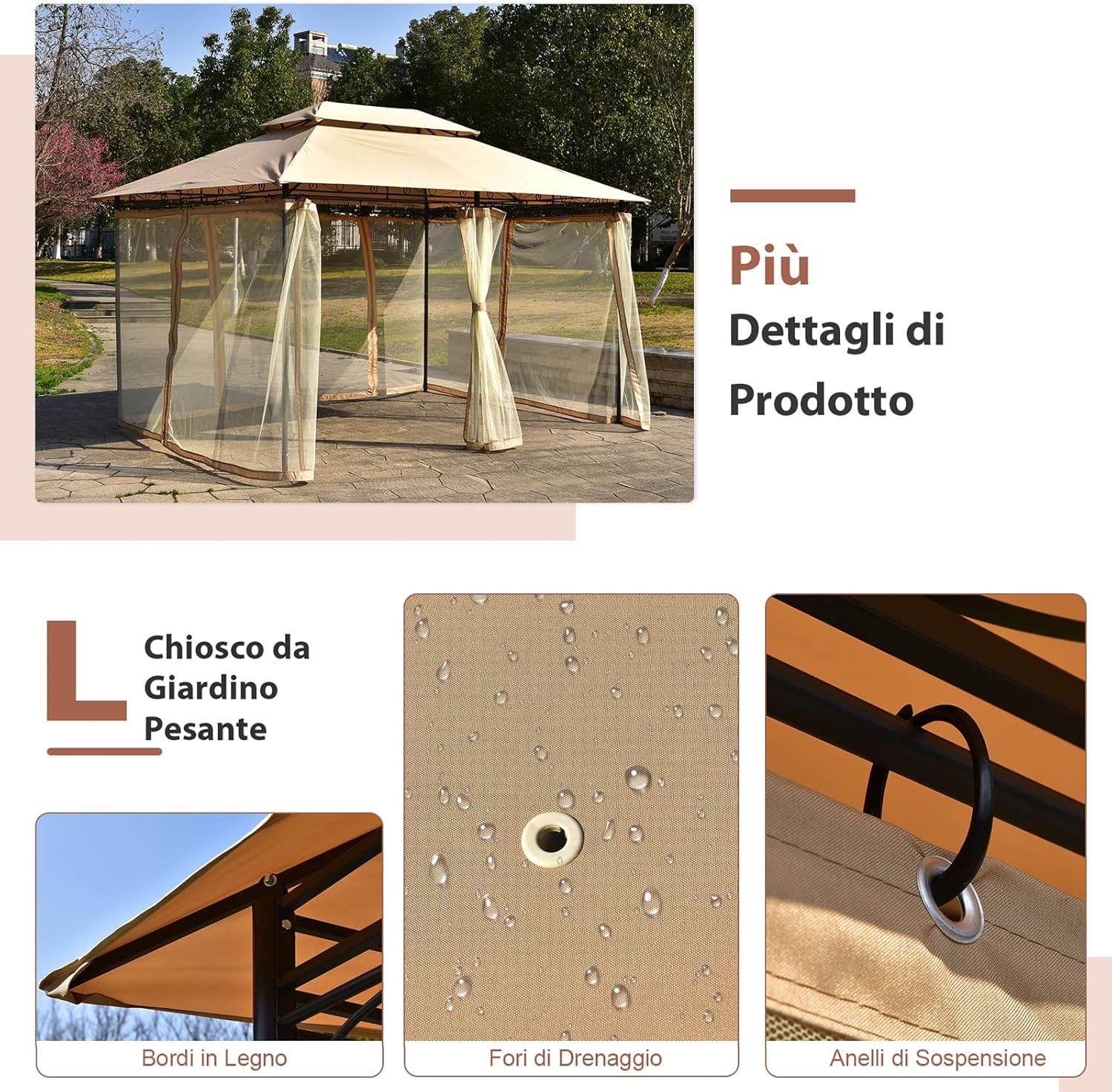 Gazebo da Giardino 3,9 x 2,9 M, Gazebo da Esterno con rete rimovibile e doppi tetti, struttura in acciaio, ideale per Feste, Barbecue, Giardino (marrone chiaro)
