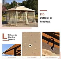 Gazebo da Giardino 3,9 x 2,9 M, Gazebo da Esterno con rete rimovibile e doppi tetti, struttura in acciaio, ideale per Feste, Barbecue, Giardino (marrone chiaro)