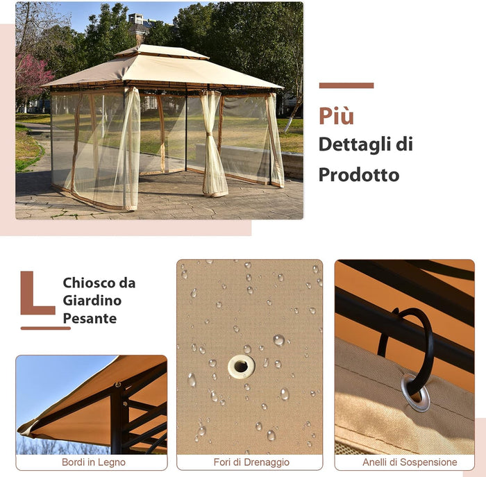 Gazebo da Giardino 3,9 x 2,9 M, Gazebo da Esterno con rete rimovibile e doppi tetti, struttura in acciaio, ideale per Feste, Barbecue, Giardino (marrone chiaro)