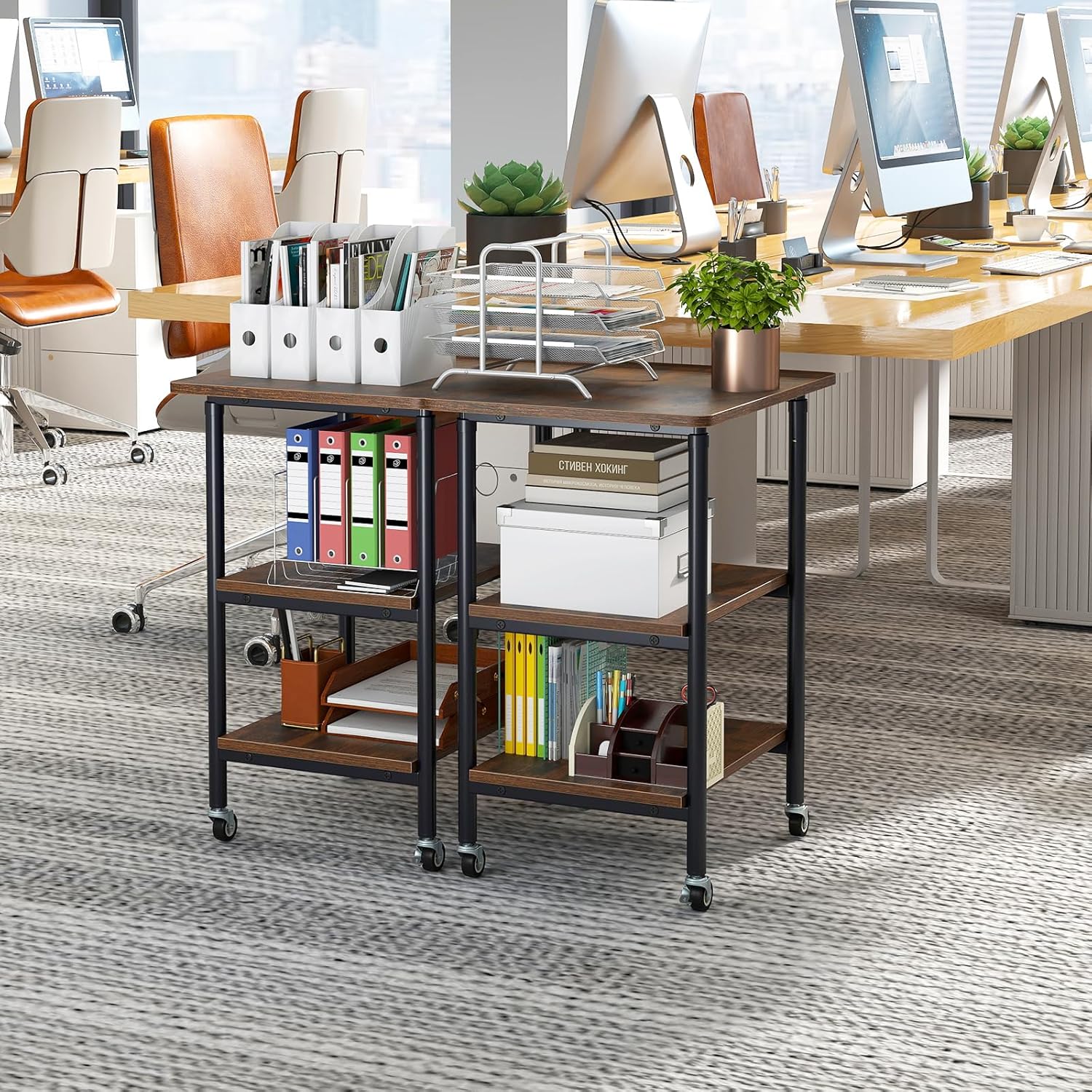 Supporto per Stampante, Carrello Stampante a 3 Livelli con Ripiani di Stoccaggio e Ruote con Blocco, Altezza Regolabile, per Stampante 3D Scanner Fax, 49 x 40 x 65/77 cm (Marrone)