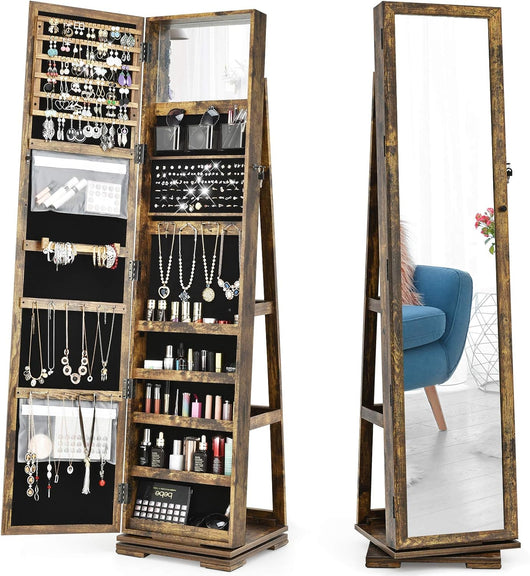 Armadietto Portagioielli Autoportante Girevole con Specchio, Specchio a Figura Intera Organizzatore per Gioielli, Porta Richiudibile a Chiavi, 161x39x39cm (Industriale, 39 x 39 x 161 cm)