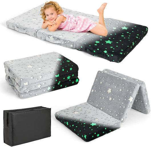 Divano Pieghevole 3 in 1, Tappetino per Bambini Brilla al Buio con Copertura Rimovibile e Lavabile in Lavatrice, Materasso a 3 Pieghe per Soggiorno e Cameretta, Grigio