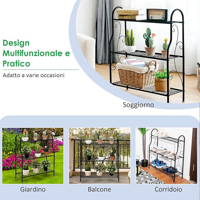 Porta Piante in Metallo a 3 Livelli, Scaffale Portavasi Interno ed Esterno con Elegante Motivo a Volute, Scaffale a Scala Multifunzionale per Casa, Giardino, Balcone e Corridoio