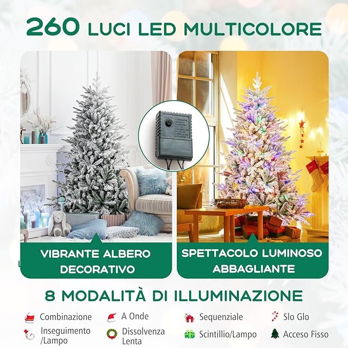 Albero di Natale Artificiale Innevato 147/186/210 CM, Albero di Natale con Cerniera e 8 Modalità luminose, 160/260/350 Luci LED Multicolori e 436/820 /1164 Punte di Ramo in PVC e PE (186 CM)