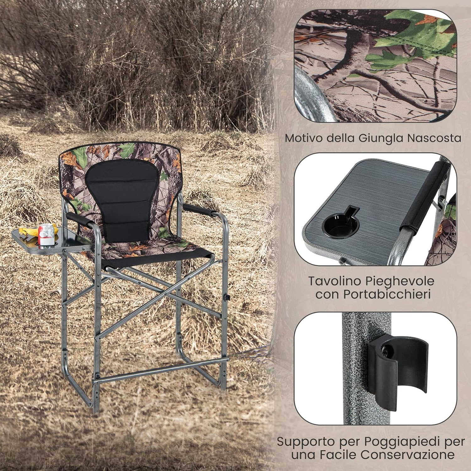 Set da Caccia Pieghevole per Esterno, Sedili da Caccia con Braccioli e Schienale, con Poggiapiedi Rimovibile, Tavolino Laterale, Supporto Fino a 150 kg