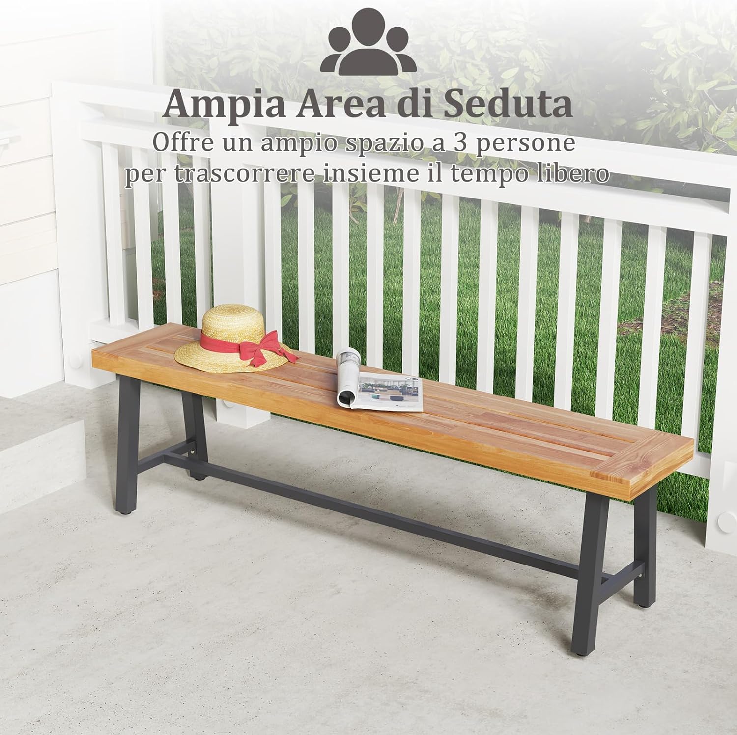 Panchina da Giardino in Legno di Acacia a 3 Posti, Panca da Esterno Senza Schienale con Gambe in Metallo, Panca Capacit¨¤ di 360 kg per Ingresso, Cortile e Balcone, 160 x 32 x 45 cm