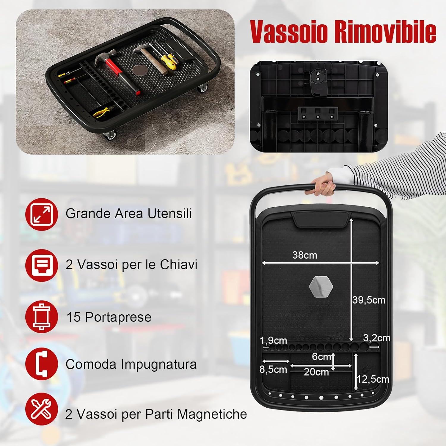 Vassoio Organizer per Attrezzi 2-in-1 con 4 Ruote, Carrello Porta Attrezzi Regolabile in Altezza con Vassoio, Carrello per Attrezzi da Meccanico Portatile per Garage e Officina, Nero