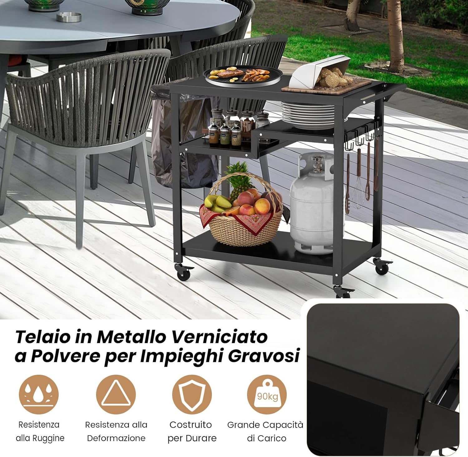 Carrello Barbecue da Esterno, Carrello BBQ Portatile con 3 Ripiani, 4 Ruote Bloccabili, Ganci, Maniglia Laterale, per Cucina, Giardino