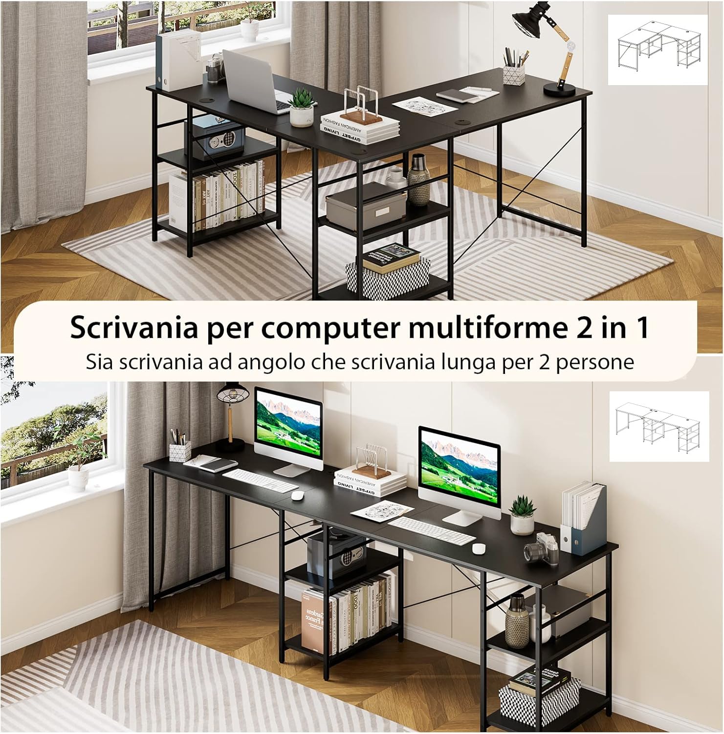Scrivania Angolare per Computer con Supporto per Monitor, Scrivania Porta PC in Legno, Scrivania Salvaspazio e Moderna per Ufficio e Studio, 242 x 60 x 75 cm (Nero)