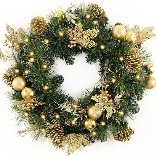 Ghirlanda Natalizia 60 CM con Luci LED Bianche Calde, Aghi di Pino, Pigne, Bacche, Ghirlanda di Natale a Batteria per Porta d'Ingresso, Finestra, Decorazione Natalizia Interna ed Esterna