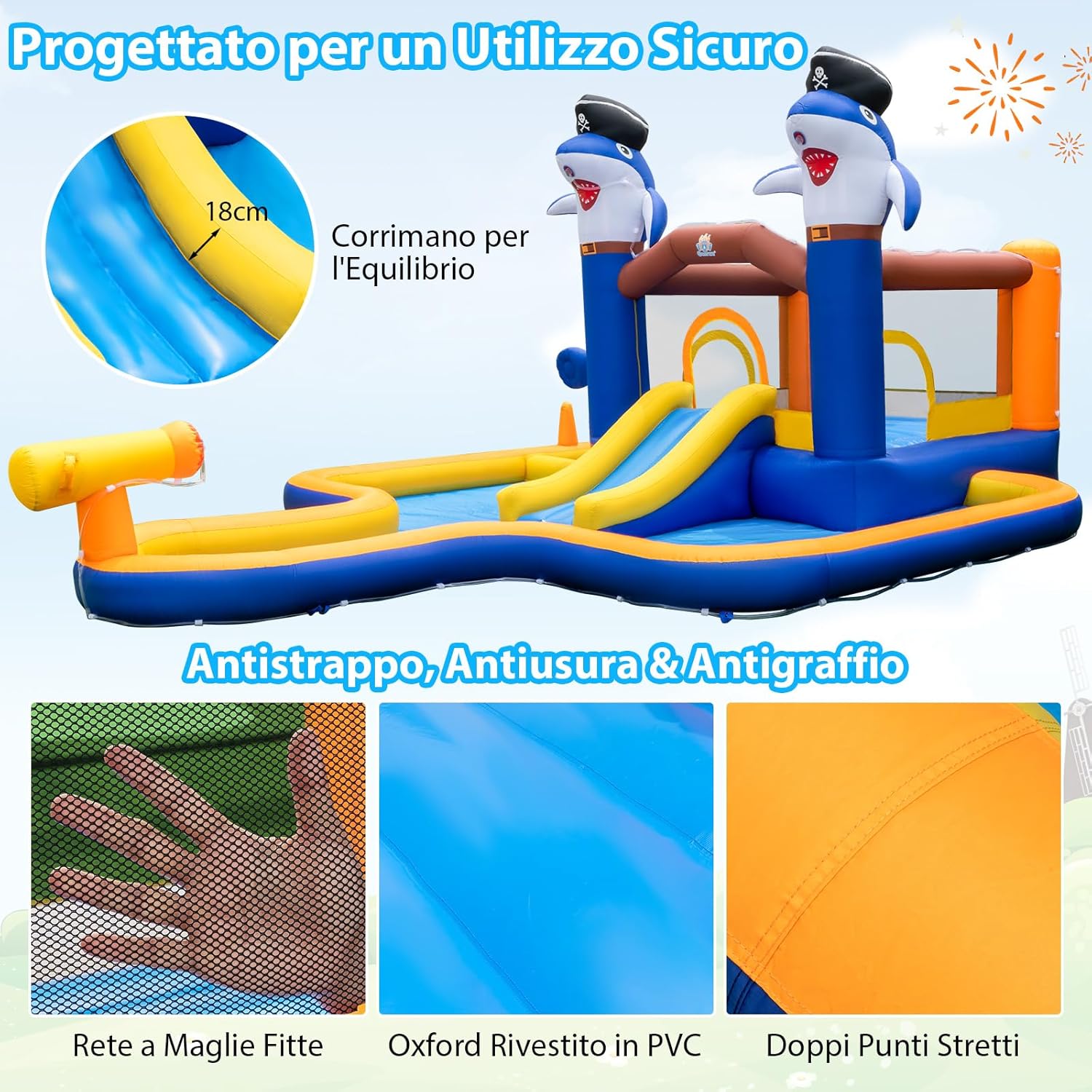 Castello Gonfiabile, Casa Gonfiabile con Scivolo, Piscina， Trampolino e Cannone d'Acqua, per Bambini di 3-10 Anni, 578 x 408 x 250 cm