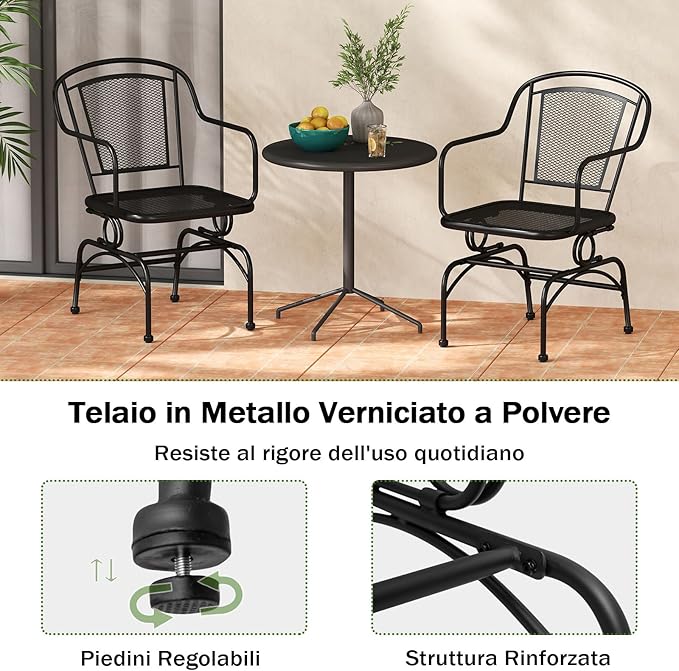 Set di 2 Sedie a Dondolo con Schienale e Seduta in Rete, Poltrona da Pranzo Giardino con Piedini Regolabili, Telaio in Metallo, Sedia da Bistro per Giardino Balcone, Portata 102 kg