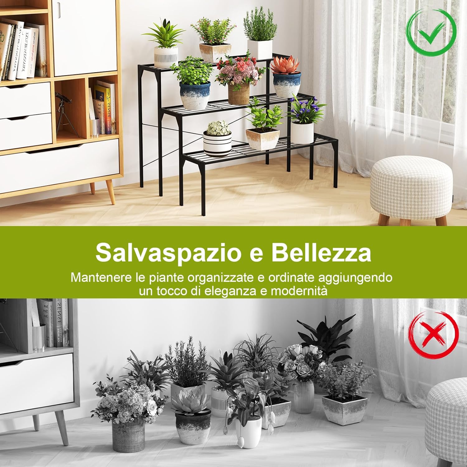 Scaffale Portafiori a 3 Ripiani, Porta Piante da Esterno e Interno a Scala, Scaffale Porta Vasi di Metallo per Balcone, Soggiorno e Giardino