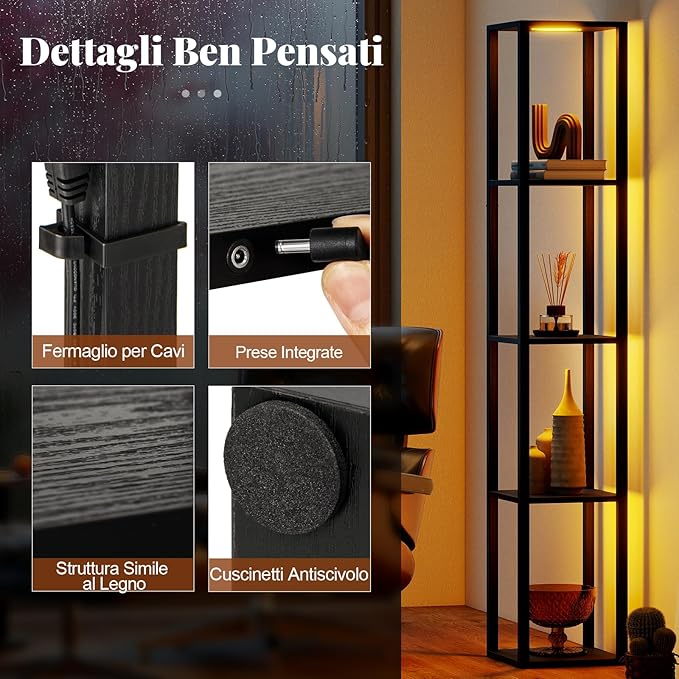 Lampada da Terra con Ripiani, Espositore Autoportante a 4 Livelli con Luci LED Dimmerabili a 3 Vie e Interruttore a Pedale, Lampada da Scaffale Moderna in Legno per Salotto e Studio