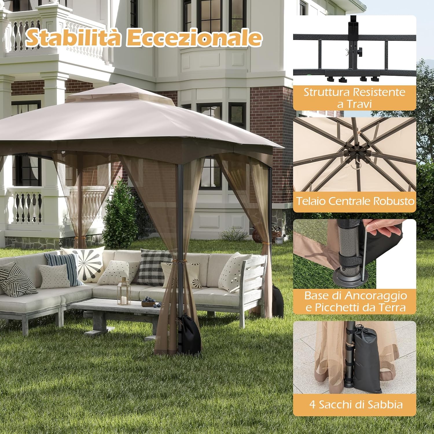 Gazebo da Giardino 3 x 3 m, Gazebo Impermeabile con Rete Mesh Staccabile e Terro Ventilato a Doppio Strato, Tenda Regolabile in Altezza per Feste, BBQ e Picnic (Kaki)