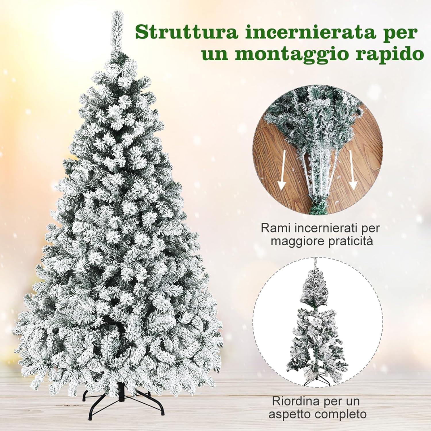 Albero di Natale Innevato 180/225 cm, Albero di Natale con 250/450 Luci a LED Bianco Caldo, 600/1010 Rami Folti e Base Metallica, Ideale per Casa, Ufficio e Negozio (180 CM)