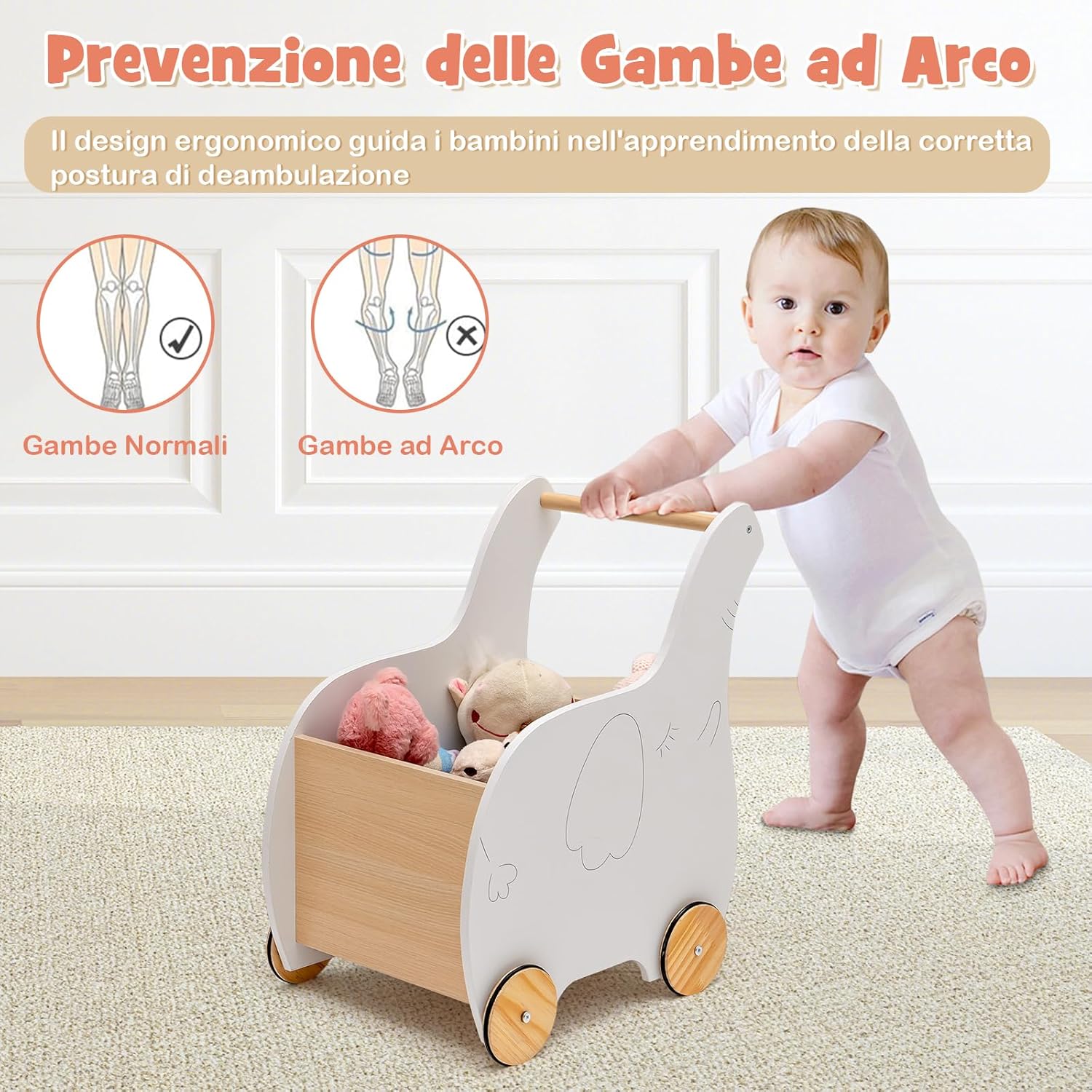Carrellino Primi Passi per Bambini in Legno, Carrello Portagiochi Design 2 in 1 con Ruote in Gomma, Ideale per Bambini e Bambine con Età più di 3 Anni, 32 x 48 x 56 cm, Grigio (Bianco)