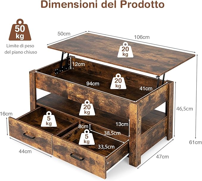 Tavolino da Caffè Sollevabile, Tavolino da Divano Industriale con 2 Cassetti, Vano Chiuso, Ripiano e Sistema di Sollevamento Pneumatico, Tavolino da Salotto, Studio e Ufficio