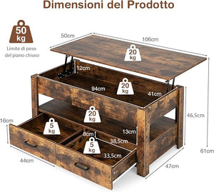 Tavolino da Caffè Sollevabile, Tavolino da Divano Industriale con 2 Cassetti, Vano Chiuso, Ripiano e Sistema di Sollevamento Pneumatico, Tavolino da Salotto, Studio e Ufficio