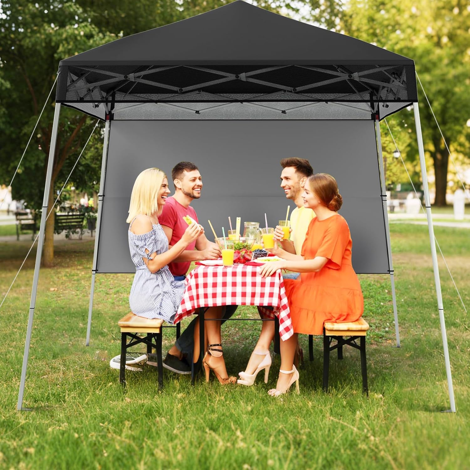 Gazebo Pop-up da Esterno 182 x 182 cm, Gazebo Pieghevole con 1 Parete Laterale, Gambe Inclinabili Regolabili e 4 Picchetti, Tendone Impermeabile per Feste, Campeggio e Picnic (Nero)