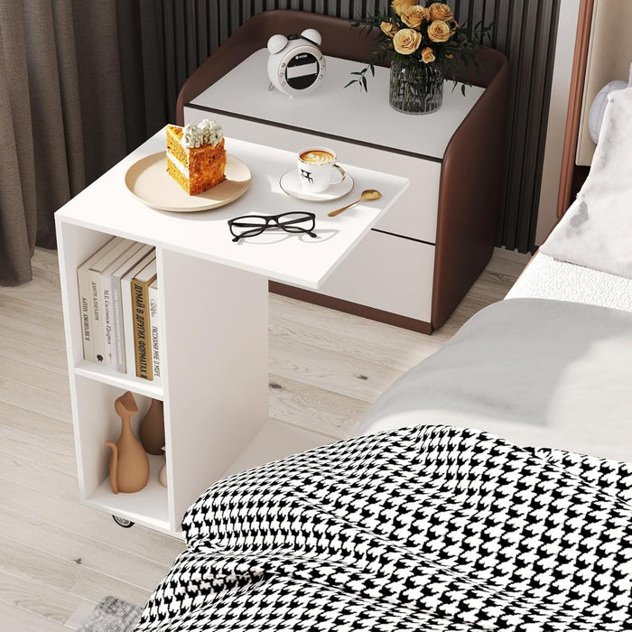 Tavolino a forma di c ruote universali bloccabili-Tavolino stretto con ripiani di stoccaggio Bianco