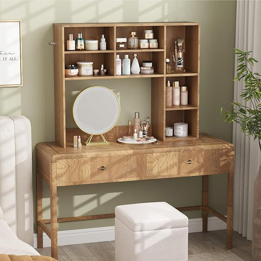 Libreria da Scrivania, Scaffale per Scrivania con 3 Ripiani Regolabili e Scomparto Aperto per Monitor 27", Organizzatore di Spazio per Casa Ufficio Dormitorio, 94x25x79 cm (Naturale)