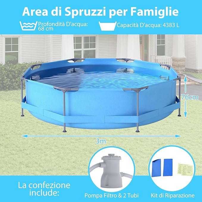 Piscina Fuori Terra 300 x 300 x 76 cm, Piscina Rotonda da Esterno con Struttura Metallica e Pompa Filtro, Capacità 4383 L, da Giardino per Adulti (3 m x 76 cm)