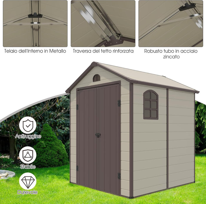 Capanni da Esterno, Casetta Porta Attrezzi da Giardino in PVC con Sfiati, Finestra, Porta con Cerniera, Capanni Resistente alle Intemperie da Giardino e Fattoria, 192 x 190 x 226 cm
