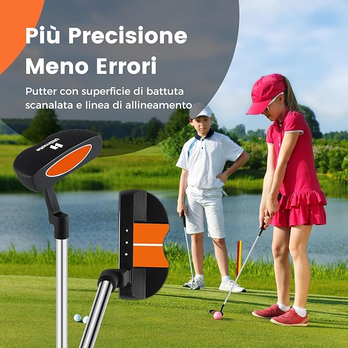 Set Completo di Mazze da Golf per Bambini, Inculude Fairway 3, Ferri 7 e 9, Putter, Copritesta, Borsa Portatile e Cappuccio Antipioggia, Set da Golf per Destrimano(Per 8-10 Anni)