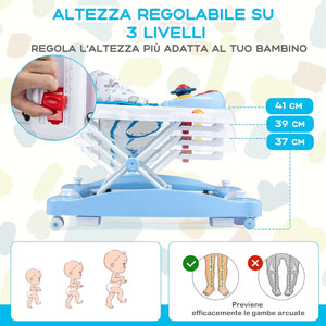 Girello per Bambini 6 in 1, Primi Passi per Neonati con Altezza Regolabile, Sedia a Dondolo per Bambini, Girello Pieghevole con Vassoio Musicale, Cuscino, per Bambini 6+ Mesi (Blu)