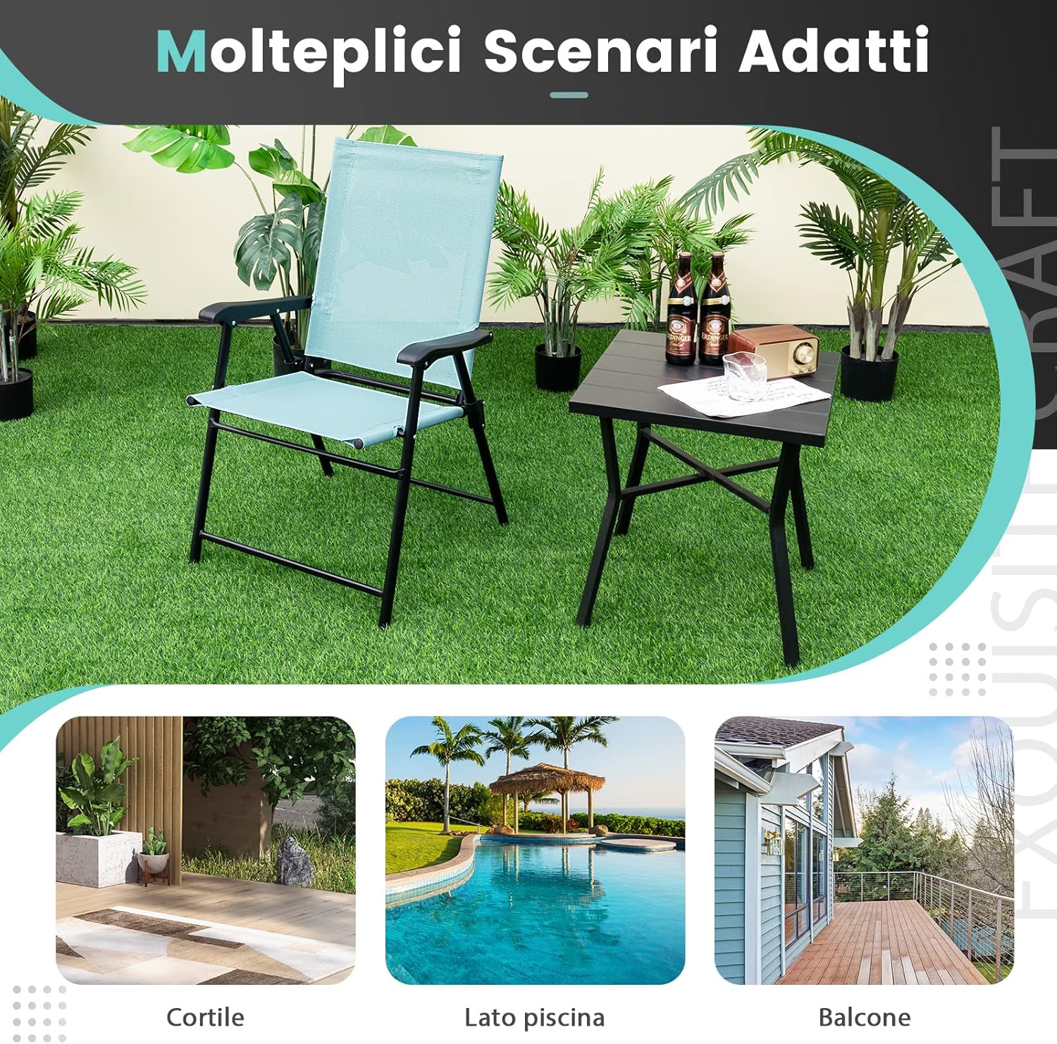 Set di 2/4 Sedie Pieghevoli da Giardino, Sedie Portatili con Braccioli e Struttura in Metallo, Sedie da Esterno Giardino Campeggio,Portata 150 kg (4, Verde Menta, 65 x 60 x 93 cm)