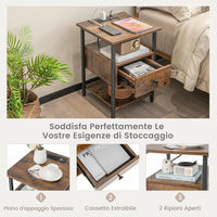 COSTWAY Comodino a 3 Piani con Stazione di Ricarica, Tavolino in Legno con Ripiani Aperti e Cassetto, Tavolino con Struttura in Metallo Robusto per Camera da Letto, Soggiorno e Studio, Naturale